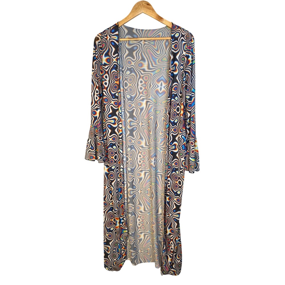 Unbranded Psychedelic Mesh Kimono Duster Large Bell Sleeve Boho Hippie Rave